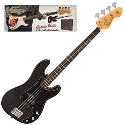 Afbeelding van Vintage VIP V49BLK Coaster Series Gloss Black Bass Pack elektrische basgitaar set met versterker