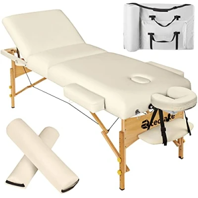 Afbeelding van tectake® 3 zones massagetafel Somwang 7,5cm matras en houten frame, incl. rolkussens beige 404943
