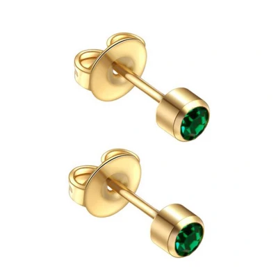 Afbeelding van Caflon 4mm 24K gold plated oorknopjes voor oorschieter hypoallergeen steriel verpakt goudkleurig met smaragdgroene steen geboortesteen mei