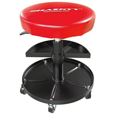 Afbeelding van HASKYY Kruk met wieltjes, rood, werkplaatskruk, in hoogte verstelbaar en 360 draaibaar, Ø 38,5 cm, 2 planken, 390 520 mm