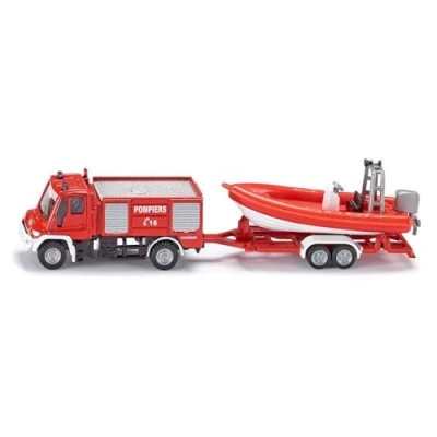 Afbeelding van siku 1636, Brandweer Unimog met boot, 1:87, metaal/kunststof, rood, brandweerauto en drijvende rubberen banden, trekhaak