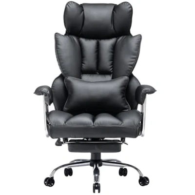 Afbeelding van Efomao ergonomische bureaustoel, PU lederen directiestoel, bureaustoel 200 kg met voetensteun en lendensteun, verstelbare stoel hoge rugleuning (NL BLACK)