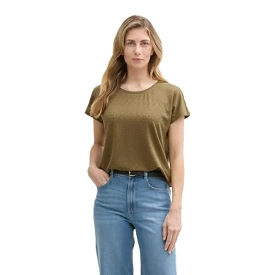 Afbeelding van TOM Tailor Ajour CREW NECK Tshirt basic, Dames, Maat: Large, Nutria olive