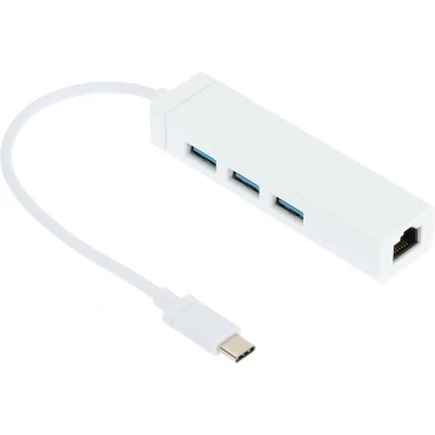 Afbeelding van USB C naar 3x A hub &amp; Fast Ethernet LAN adapter USB3.0 CAT5 / wit 0,15 meter