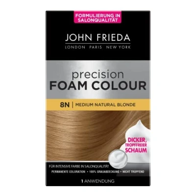 Afbeelding van John Frieda Precision Foam Colour, Medium Blond, Permanente Kleuring in schuimvorm, Perfecte gelijkmatige afdekking, Voor 1 toepassing, Geel, 130 ml (1 stuk)