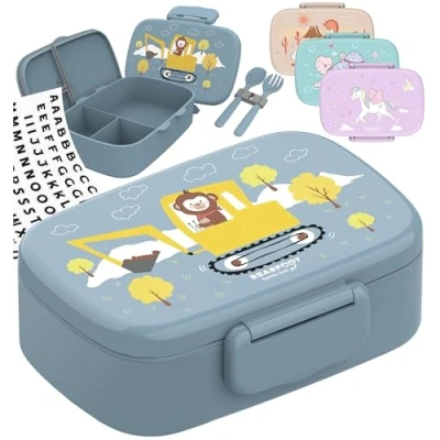Afbeelding van BEARFOOT broodtrommel voor kinderen met vakken, BPA vrij, lunchbox, bento box, meisjes en jongens, snackbox, 100% lekvrij, lunchbox kleuterschool, school (graafmachine aap)