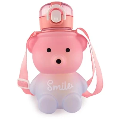 Afbeelding van Kikuo Kawaii Waterfles in beervorm, leuke Gradiënt Kleurrijke fles 800ml grote capaciteit beer strofles met stro, verstelbare afneembare schouderriem, Lekvrij, draagbaar
