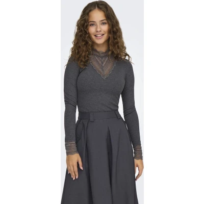 Afbeelding van Only T shirt Onltilde L/s High Neck Lace Top Jrs 15207788 Dark Grey Melange Dames Maat S