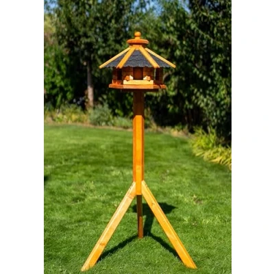 Afbeelding van Deko Shop Hannusch Vogelhuisje naar keuze met standaard en solarverlichting, verschillende maten L XXL, voedersilo, weerbestendig bitumen dak (maat M standaard, zwart)