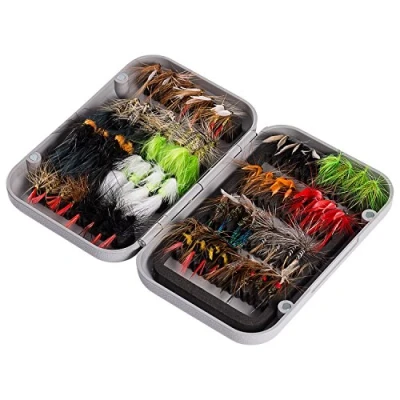 Afbeelding van Bassdash vliegvissen kit met assortiment vliegen, 64 stuks, kunstaas droge/natte nimfen, aardse, streamers, bloedzuigers, enz. magnetische vliegendoos
