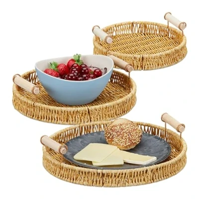 Afbeelding van Relaxdays dienblad gevlochten set van 3 zeegras rond serveerblad met handgrepen