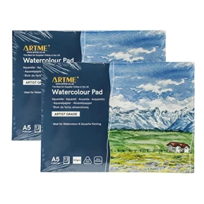 Afbeelding van ARTME A5 Aquarel Pad (2 Pack) x 12 Vellen/300 g/m²/Stevig Getextureerd/Koud geperst/Cellulose Zuurvrij/Premium Kwaliteit Tekening Schetsboek Aquarelle &amp; Gouache Schilderij (A5 2