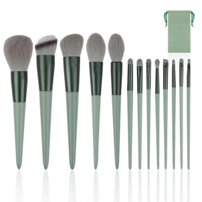 Afbeelding van 13 make upkwasten, 1 fluwelen zakje, professionele upkwastenset, hoogwaardige synthetische borstels, beauty tools met zachte borstelharen voor up en schoonheid (groen)