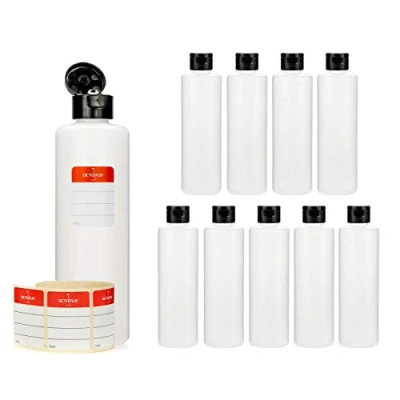 Afbeelding van Octopus 10 x 250 ml kunststof flessen, HDPE flessen met zwarte flip top sluiting, lege scharniersluiting, ronde incl. 5 etiketten