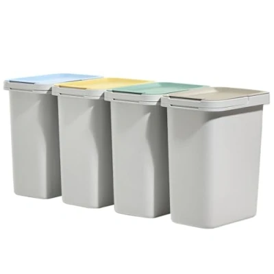 Afbeelding van KADAX Vuilnisemmerset voor afvalscheiding, afvalscheidingssysteem, robuuste afvalcontainer met dicht deksel, afvalsorteerder, afvalemmer van kunststof (wit, 4 x 12 l)
