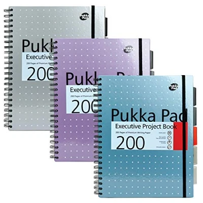 Afbeelding van Pukka Pad, A4+ Metallic Executive Project Book 3 Pack 22,5 x 29,6 cm 200 pagina&#039;s gebonden notitieboek met 8mm lijnen en 80GSM papier Inclusief herpositioneerbare verdelers
