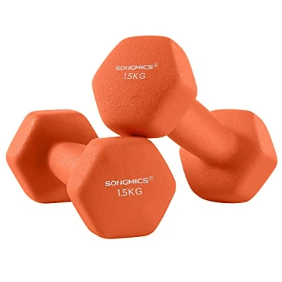 Afbeelding van SONGMICS SYL63OG Halters, set van 2, 2 x 1,5 kg, met matte coating neopreen, antislip, krachttraining, thuis, oranje