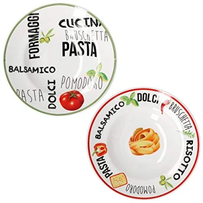 Afbeelding van MamboCat Set van 2 pastaborden wit met decoratie, serviesset, rood en groen, aardewerk servies kleurrijke letters motieven, diepe porseleinen borden, ook voor soepen salades