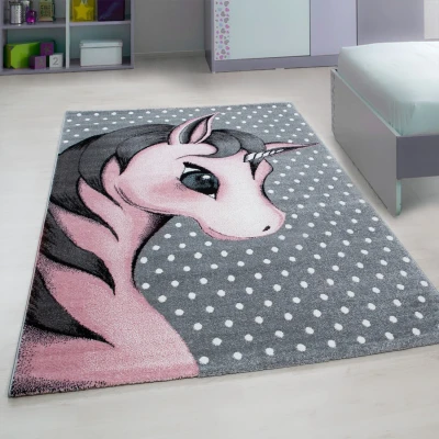Afbeelding van Kids Eenhoorn Vloerkleed Kinderkamer Roze / Grijs Laagpolig 140x200 cm