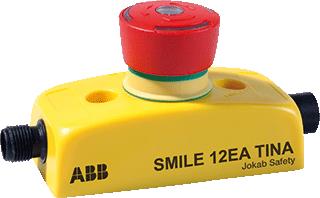 Afbeelding van Abb jokab tina noodstop met 2 x 5 polige m12 connector cat 4 pl e en iso 13849 1 led informatie rode knop ip65 gele behuizing ip67 2tla030050r0200