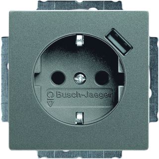 Afbeelding van Abb busch jaeger solo wandcontactdoos randaarde inbouw steekklem klauw schroef met usb kindveilig ip20 grijs 2cka002011a6162