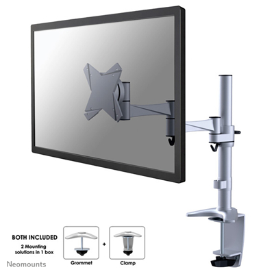Afbeelding van FPMA D1330SILVER is een bureausteun met 3 draaipunten voor flat screens t/m 30 inch (76 cm).