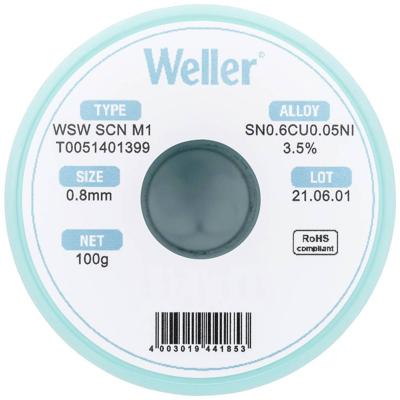 Immagine di Weller WSW SCN M1 LÖTDRAHT 0,8MM 100g Stagno per saldatura Sn0,7Cu 100 g 0.8 mm