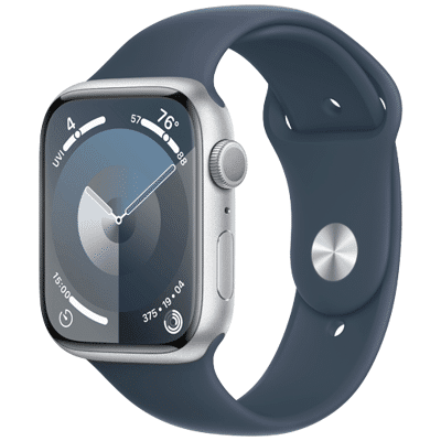 Billede af Apple Watch Series 9 45mm Sølv (Blå Silikonebånd M/L)