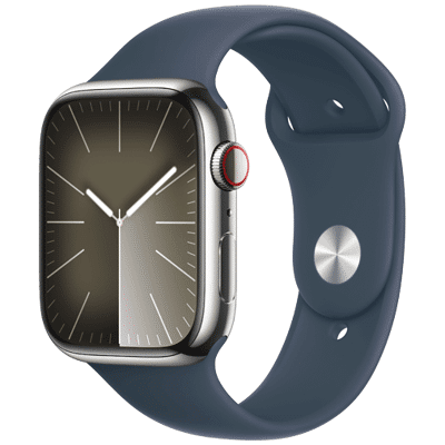 Abbildung von Apple Watch Series 9 4G 45mm Silber RVS (Blaues Silikon Armband M/L)