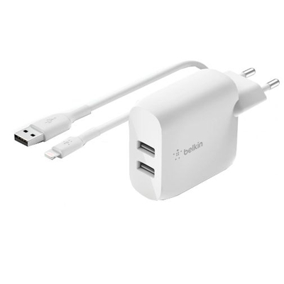 Image de Belkin Boost Charge Dual USB Chargeur Rapide 24W + Lightning Câble Blanc