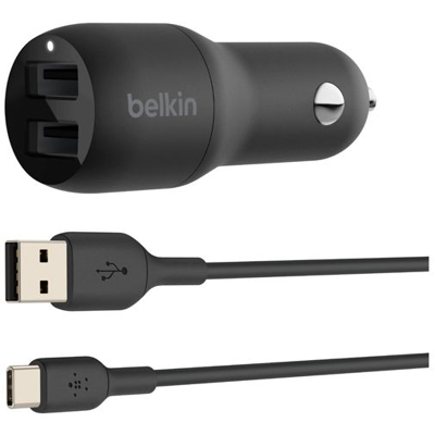 Image de Belkin Boost Charge Dual USB Chargeur Rapide de Voiture 12W + C Câble Noir