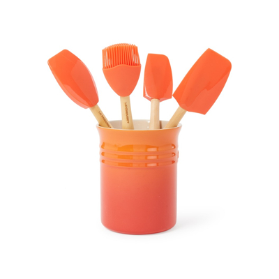 Afbeelding van Le Creuset Silicone Set Met 4 Premium Spatels In Spatelpot Oranjerood