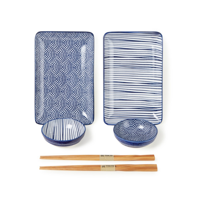 Afbeelding van Tokyo Design Nippon Blue Sushi Set 4 pcs + Chopsticks, Lines&amp;dots, Giftbox