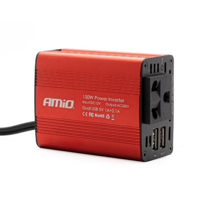 Afbeelding van AMiO Stroom Omvormer 12V/230V Sigarettenplug naar Stopcontact Rood (2 x USB) 150W/300W