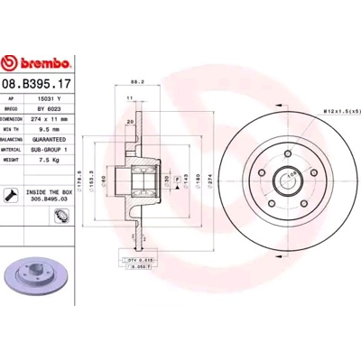 Imagem de BREMBO BEARING DISC LINE 08.B395.17 Disco de travão 274 11 5 cheio com jogo rolamentos roda, anel sensor do ABS