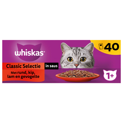 Afbeelding van Whiskas 1+ Classic Selectie In Saus Maaltijdzakjes Multipack Kattenvoer 40x85 g