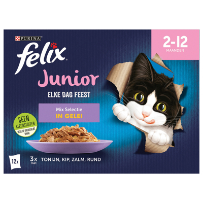 Afbeelding van Felix Multipack Elke Dag Feest Mix Selectie In Gelei Junior Kattenvoer Tonijn Kip Zalm 12x85 g