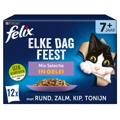 Afbeelding van Felix Multipack Elke Dag Feest Mix Selectie In Gelei 7+ Senior Kattenvoer Rund Kip Tonijn 12x85 g