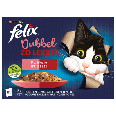Afbeelding van Felix Multipack Dubbel Zo Lekker Mix Selectie Gelei Kattenvoer Rund Kip Koolvis 12x85 g