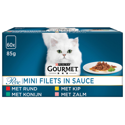 Afbeelding van Gourmet Perle Mini Filets In Saus Kip / Konijn Rund Zalm 60X85 GR