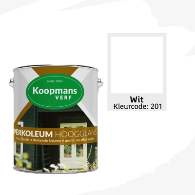 Afbeelding van Koopmans Perkoleum Hoogglans Dekkend Ready Mixed 2,5 ltr 201 wit Buitengevel &amp; Tuin