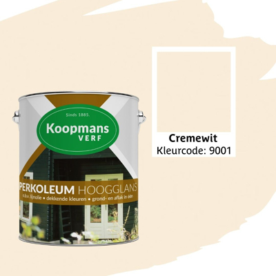 Afbeelding van Koopmans Perkoleum Hoogglans Dekkend Ready Mixed 2,5 ltr crèmewit (RAL 9001) Buitengevel &amp; Tuin