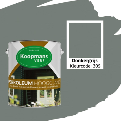 Afbeelding van Koopmans Perkoleum Hoogglans Dekkend Ready Mixed 2,5 ltr 305 donkergrijs Buitengevel &amp; Tuin