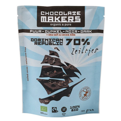 Afbeelding van Chocolatemakers Zeiltjes Puur 70% met Cacaonibs &amp; Zeezout Bio, 100 gram