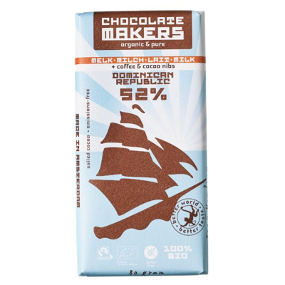 Afbeelding van Chocolatemakers Reep Tres Hombres 52% Melk Cacaonibs &amp; Koffie Bio, 80 gram