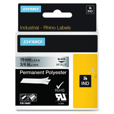 Afbeelding van Dymo Rhino Tape Permanent Polyester 19 Mm, Zwart Op Metaal Voor Beletteringsysteem
