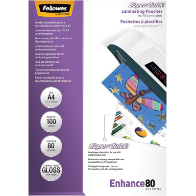 Afbeelding van Fellowes Super Quick Lamineerhoes Enhance80 Ft A4, 160 Micron (2 X 80 Micron), Pak Van 100 Stuks