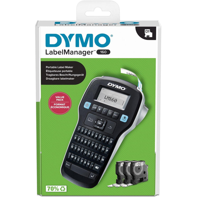 Afbeelding van Dymo Labelmanager 160 Value Pack: 3 X D1 Tape, Zwart Op Wit, 12 Mm + 1 160p, Azerty Beletteringsysteem