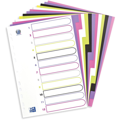 Afbeelding van OXFORD MyColour tabbladen, formaat A4, uit gekleurde PP, 11 gaatsperforatie, 12 tabs tabbladen