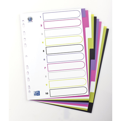 Afbeelding van OXFORD MyColour tabbladen, formaat A4, uit gekleurde PP, 11 gaatsperforatie, 10 tabs tabbladen
